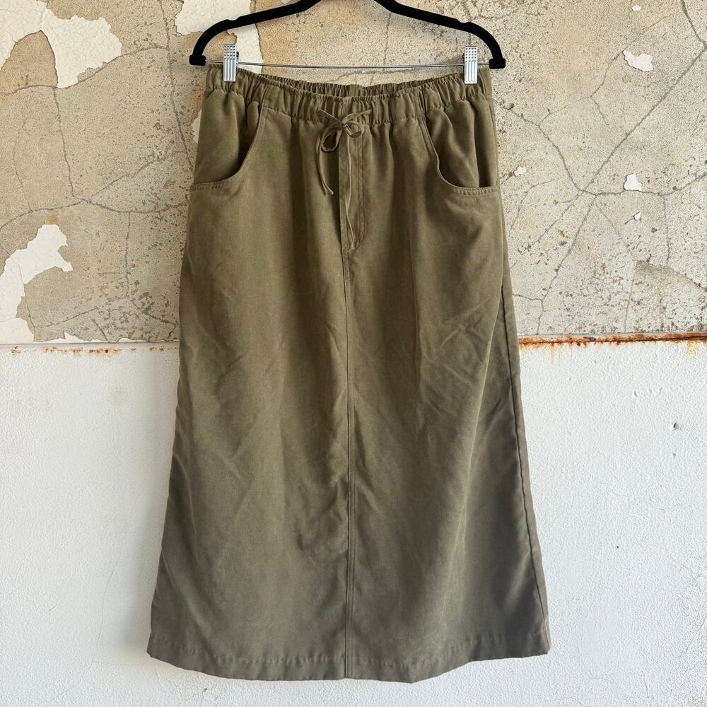 Vtg Faux Suede Midi Skirt Olive Green Elastic Waist Womens 14 Bill‎ Blass 90s